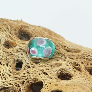 Teal with Polka Dots European Glass Charm Bead with Silver Core Center